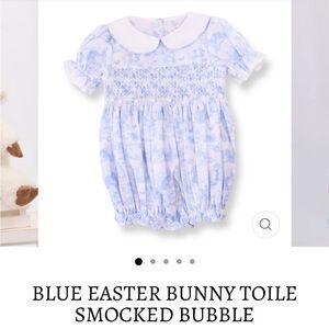 Blue Bunny Toile Smocked Bubble Romper easter